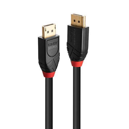 Black 5m DisplayPort cable with gold-plated connectors, featuring a sleek design and red accents on the connector ends, supporting 8K UHD resolution.