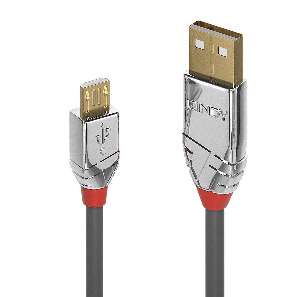 Lindy 5m USB 2.0 Type A to Micro-B cable featuring a sleek black rubber exterior, gold-plated connectors, and distinctive red accents on the connector housings.