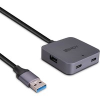 Gray Lindy 5m USB 3.0 Hub with 4 ports, including one standard USB and three USB-C ports, attached to a black cable.