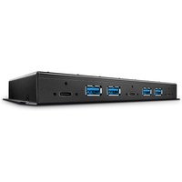 Black Lindy 7 Port USB 3.2 Gen 2 Metal Hub with blue USB ports and sleek rectangular design