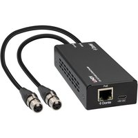 Black Lindy 70618 Dante AV PoE converter with two XLR connectors and one Ethernet port.
