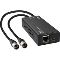 Black Lindy 70619 PoE injector with dual XLR connectors and Ethernet port, compact rectangular design.