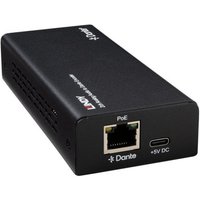 Black Lindy 70622 network adapter with PoE port, USB-C power input, and Dante branding on the side.
