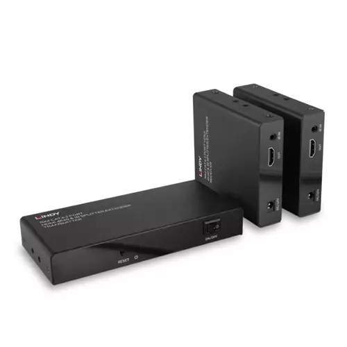 Lindy 70m Cat.6 2 Port HDMI 4K60 & IR Splitter Extender in sleek black metal, featuring two HDMI ports and a reset button, designed for high-definition video transmission.