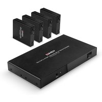 Black Lindy 70m Cat.6 4 Port HDMI 4K60 Splitter Extender with sleek design and four compact receivers.