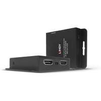 Black Lindy 70m Cat.6 HDMI 4K30 extender with PoC, two HDMI ports, and IR extender, compact rectangular design.