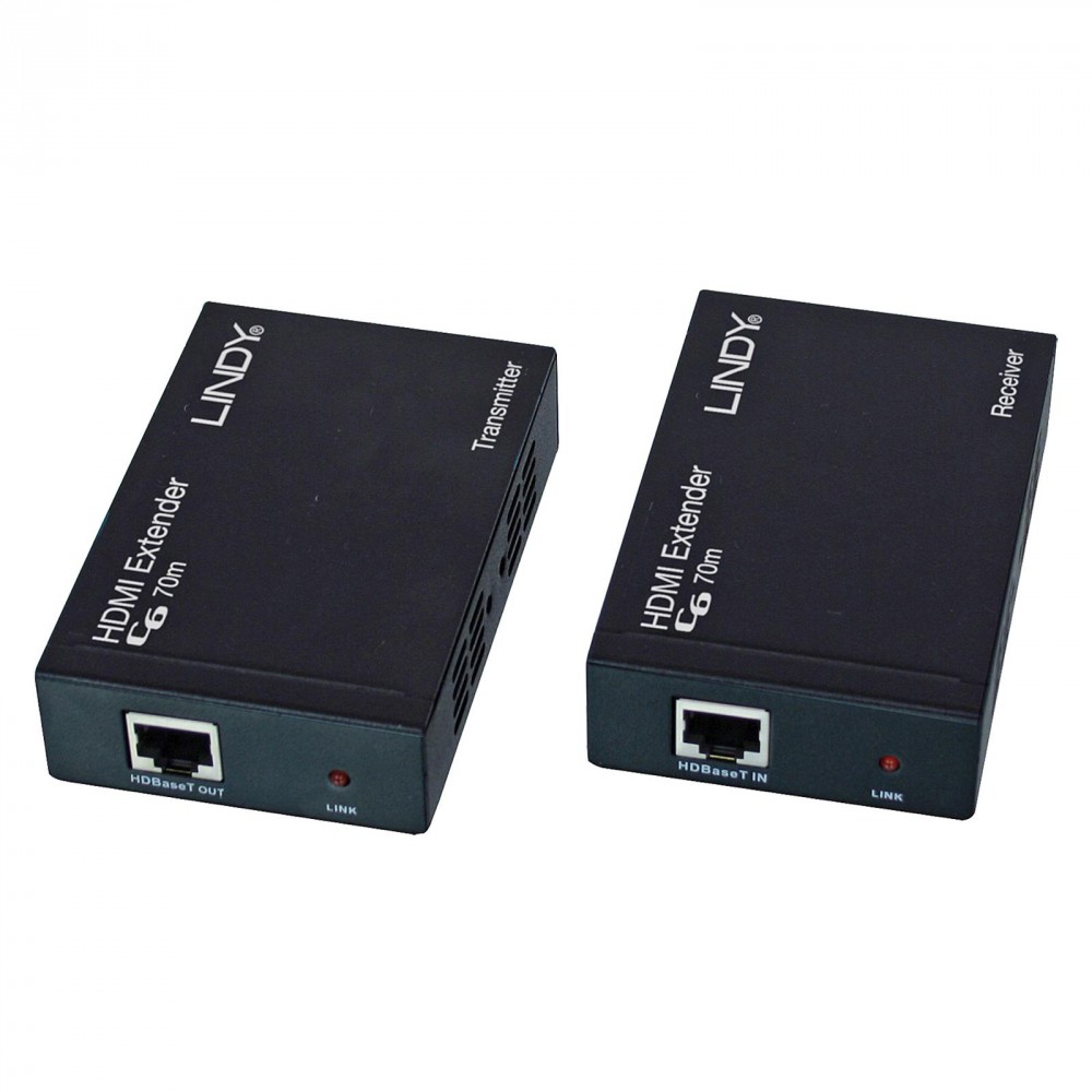 Lindy 4K HDMI & IR HDBaseT Extender set in black, includes a transmitter and receiver, designed for 40m Cat6 connections, featuring LED indicators for power and link status.