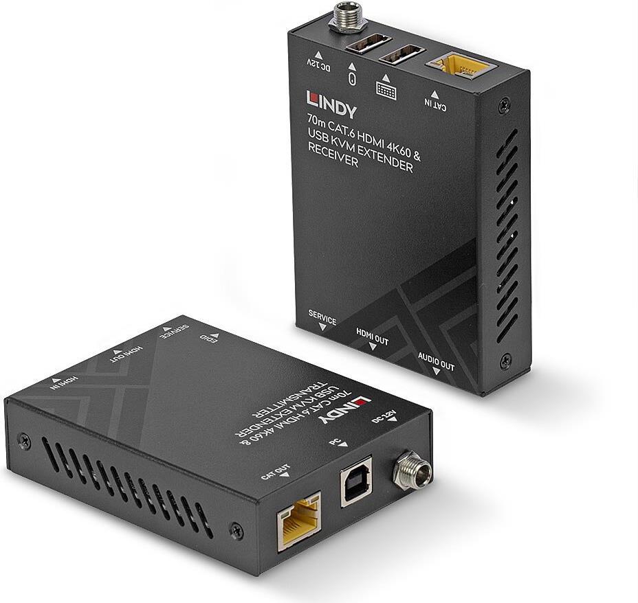 Lindy 70m Cat.6 HDMI 4K60 USB and Audio KVM Extender in black, featuring ports for HDMI, USB, and Ethernet, with a sleek, compact design and ventilation slits on the sides.
