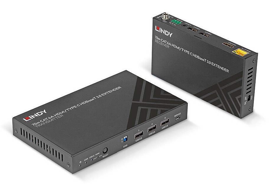 Two black metal KVM extenders, one flat and rectangular with ports on the side, and the other upright with multiple connections, both featuring the Lindy logo and model details.