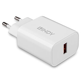 White Lindy 73412 USB wall charger with a single Type A port, featuring an 18W output and a compact design, ideal for fast charging devices.