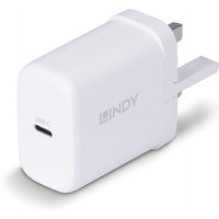 White Lindy 73427 universal AC fast charger with USB-C port and UK plug design.