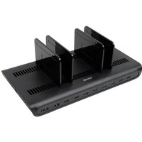 Black Lindy 73447 charging station with multiple USB ports and adjustable dividers for organizing devices.