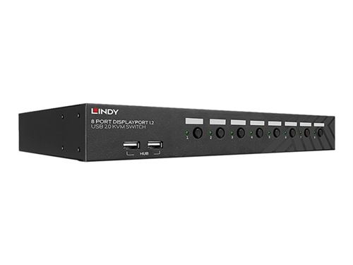 Black metal KVM switch with eight DisplayPort input buttons, two USB 2.0 ports, and indicator lights, designed for seamless audio and video switching.