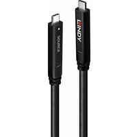 Black Lindy 8m USB 3.2 Gen 1 and DP 1.4 Type C Hybrid Cable with sleek connectors and red Lindy logo.