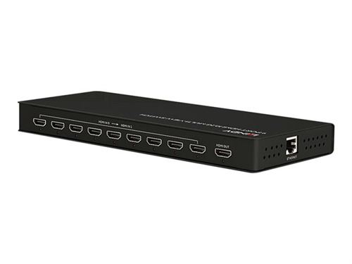 Black metal HDMI multi-view switch with nine HDMI input ports and one output port, featuring a sleek, rectangular design and ventilation holes on the side.
