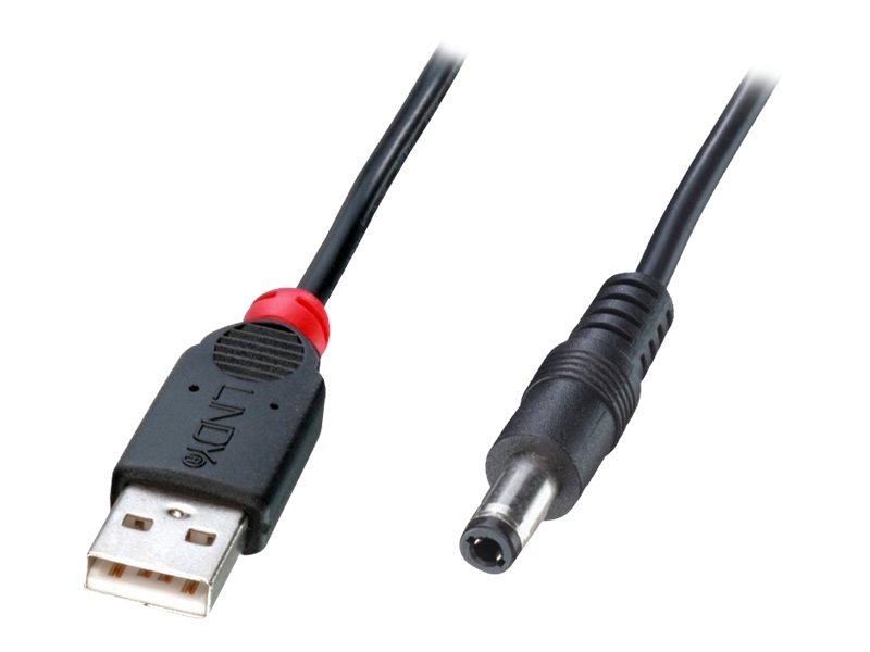 Black USB cable with a red accent, featuring a USB-A connector on one end and a 2.1mm inner/5.5mm outer DC connector on the other, measuring 1.5 meters in length.