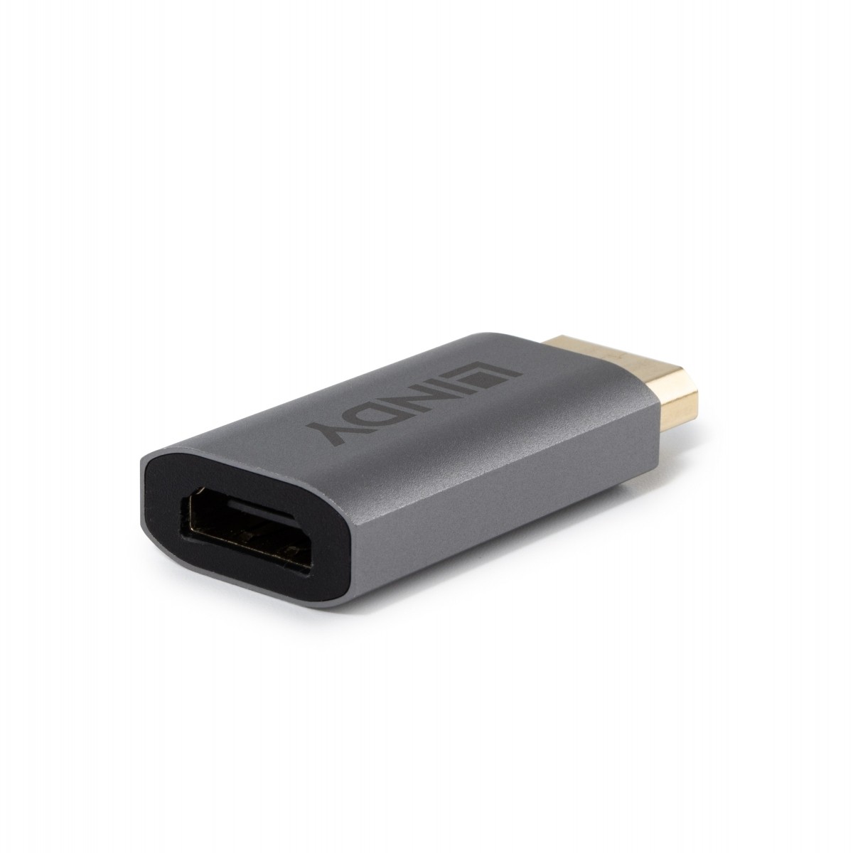 Gray Lindy Display Port to HDMI adapter with a gold connector, designed for 4K at 120Hz output, featuring a sleek, compact design and the Lindy logo on the side.