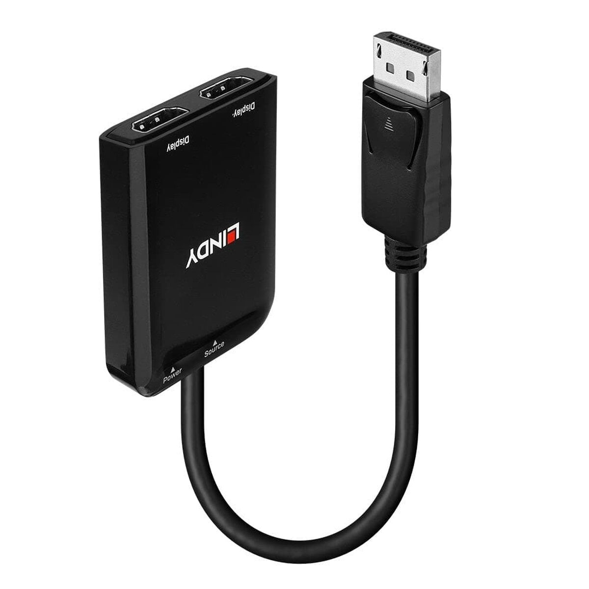 Black Lindy DisplayPort to 2 Port HDMI MST Hub with a short cable, featuring two HDMI outputs and a DisplayPort connector, designed for multi-display setups.