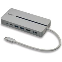 Silver Lindy USB-C mini docking station with dual HDMI ports, USB ports, and attached cable for 100W pass-through charging.