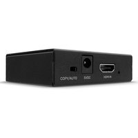 Black Lindy HDMI 4K Splitter with two ports, labeled "COPY/AUTO" and "HDMI IN," compact rectangular design.