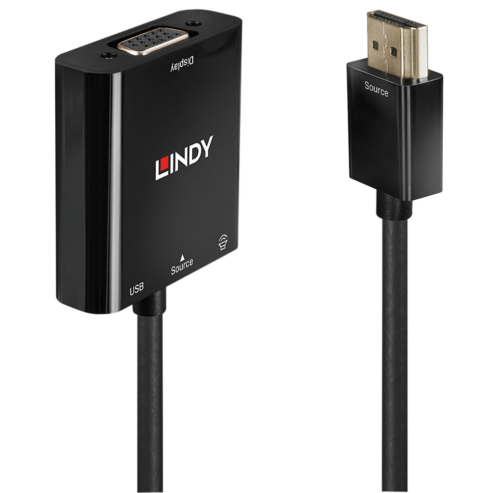 Black HDMI to VGA and audio converter with a USB connector, featuring the "LINDY" logo and a sleek, compact design for easy connectivity.