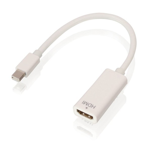 White Mini DisplayPort to HDMI passive adapter converter with a flexible cable and a rectangular HDMI port, featuring the "HDMI" label on the connector.