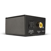 Black Lindy Phono to TosLink and Coaxial ADC with optical and coaxial outputs, compact rectangular design.