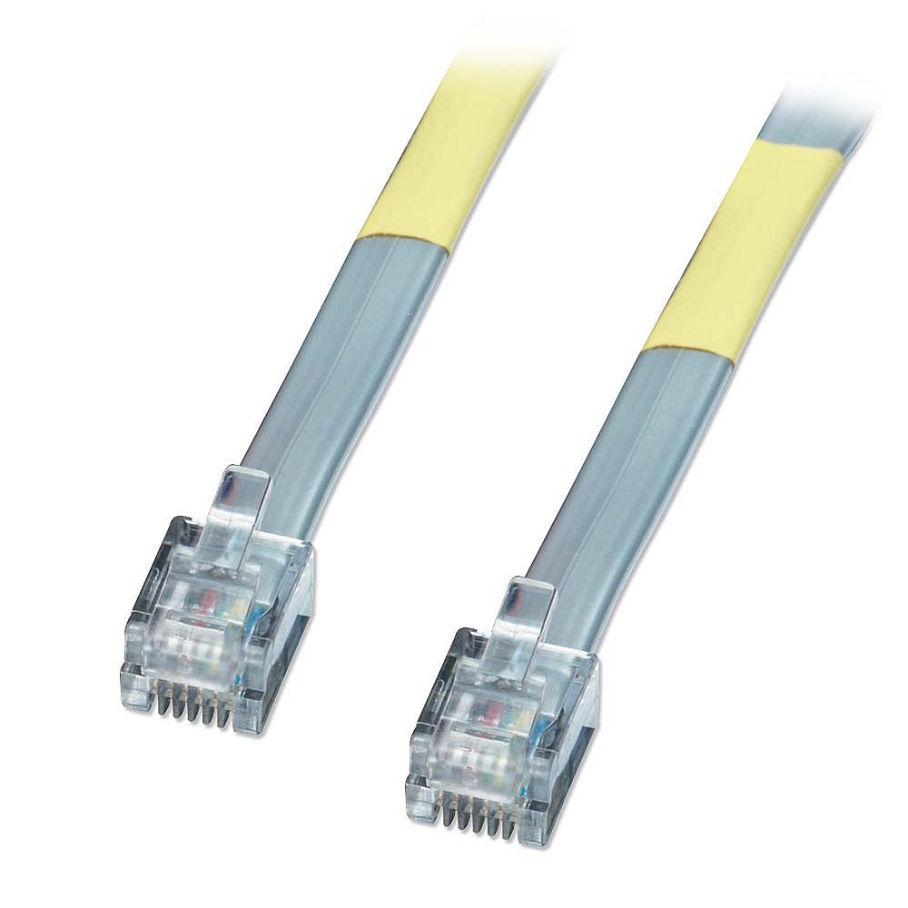 Lindy RJ-12 M/M cable, 2.0 meters long, featuring a grey and yellow design with clear plastic connectors at both ends.