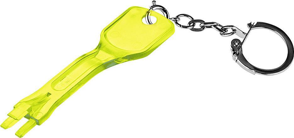 Bright yellow plastic RJ45 port blocker key with a keychain loop, featuring a two-pronged end for securing network ports.
