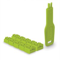 Green Lindy RJ45 port locks set with 10 locks and a matching key, featuring a compact design and bright color.