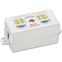 White Lindy Toolless CAT5e In-line Coupler with labeled ports and colorful wiring guide on top.