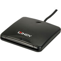 Black Lindy USB 2.0 Smart Card Reader with compact design, cable attached, and Lindy logo on top.