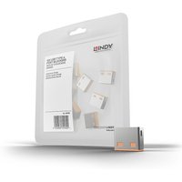 Pack of 10 orange Lindy USB port blockers in clear packaging, no key included.