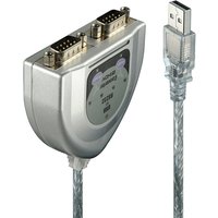 Silver Lindy USB to 2 Port Serial Converter with clear USB cable and dual serial ports on a compact adapter.