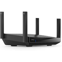 Black Linksys Hydra Pro 6E wireless router with four antennas, sleek design, and vented top surface.