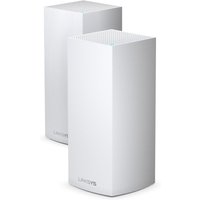 White Linksys Velop WiFi 6 system, two tall rectangular units with mesh top, sleek design, and subtle branding.