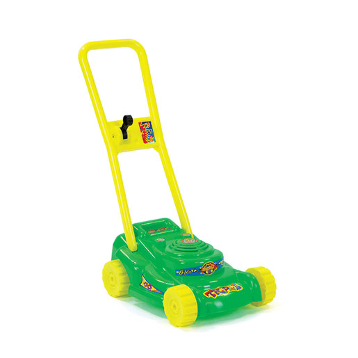 Bright green plastic lawnmower toy with a yellow handle and wheels, featuring colorful stickers and a pull cord for pretend play.