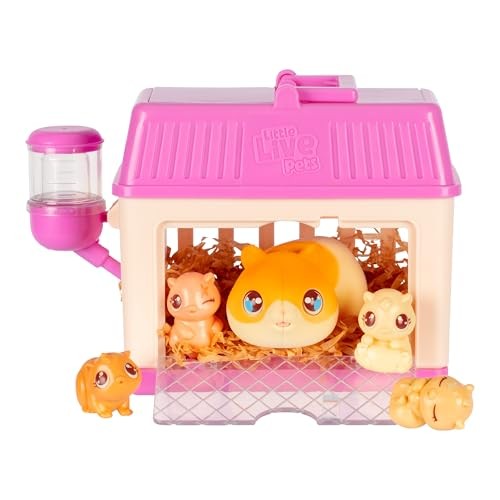 Colorful playset featuring a pink and cream hamster house with a clear front, a water bottle, and four adorable mini hamsters in various colors and expressions.