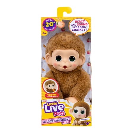 Little Live Pets Little Live Pets Baby Monkey Minis โ Pepi Peach. Interactive Pet Toy. 20+ Sounds & Reactions. Soft Brown Fur 7.4 Tall. Collect All 3. Ages 4+