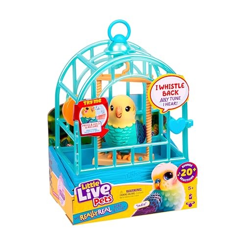 Colorful blue and green electronic bird in a transparent turquoise cage, featuring a swing, heart-shaped accents, and a "Try Me" button on the front.
