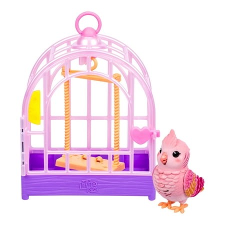 A pink and purple birdcage with a swing and a heart-shaped detail, featuring a realistic pink bird with colorful feathers standing beside it.