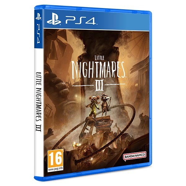 Little Nightmares III game case for PS4 features a dark, eerie cover with two characters in a surreal setting, showcasing vibrant colors and detailed artwork.
