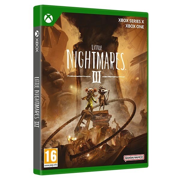 Green Xbox Series X game case featuring "Little Nightmares III" title, with whimsical characters on a dark, eerie background and BANDAI NAMCO logo at the bottom.