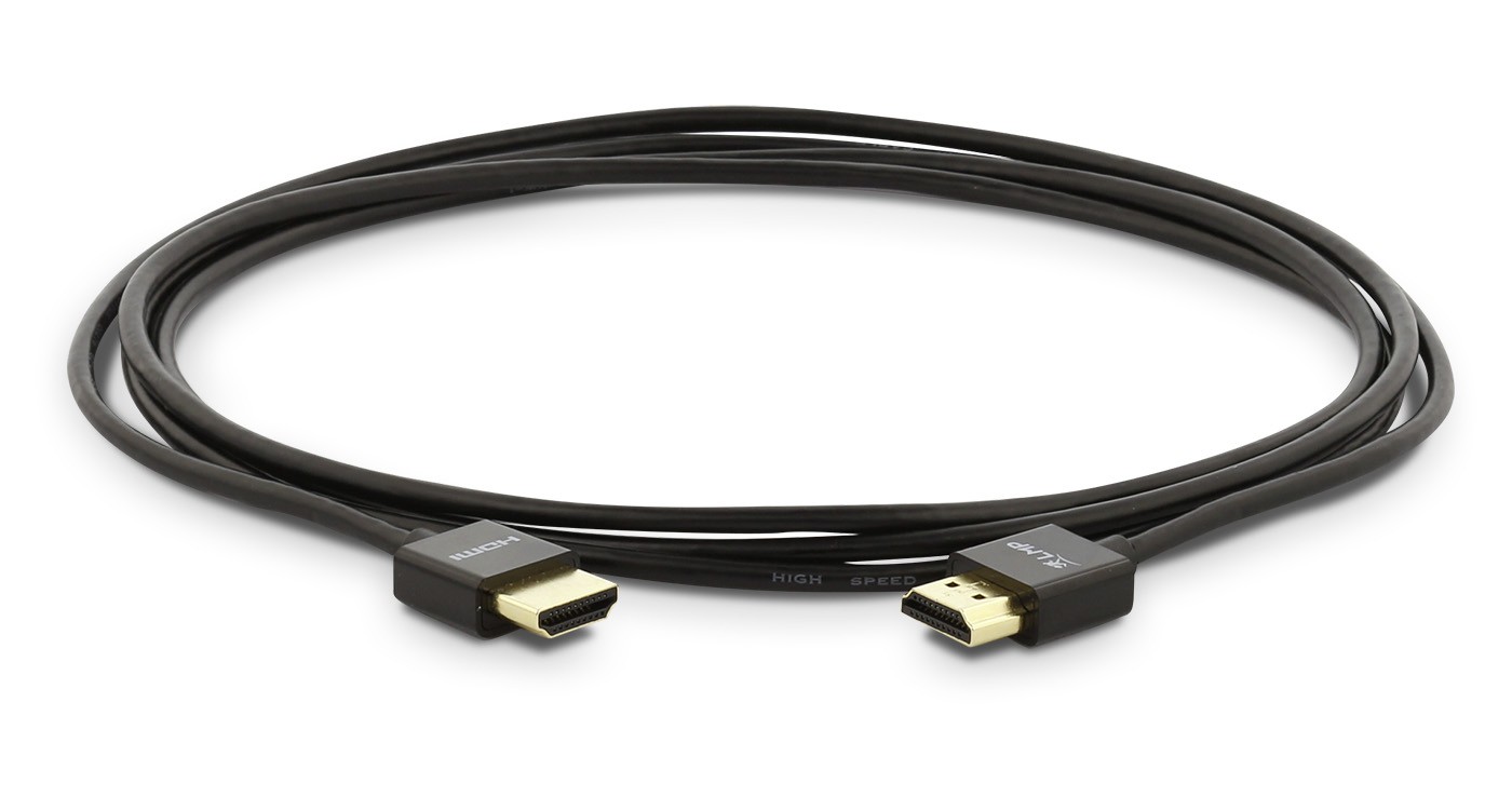 Black 2-meter HDMI cable with gold-plated connectors, labeled "HIGH SPEED," featuring standard HDMI Type A ends for reliable audio and video transmission.