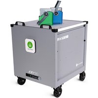 Grey LocknCharge Joey 30 multimedia cart with wheels, black handles, and a green and blue device holder on top.