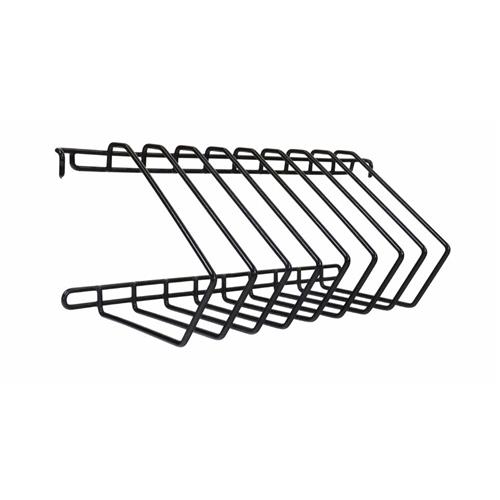 Black metal accessory rack with multiple angled slots for organizing devices, featuring a sturdy wire design and a sleek, modern look suitable for various settings.