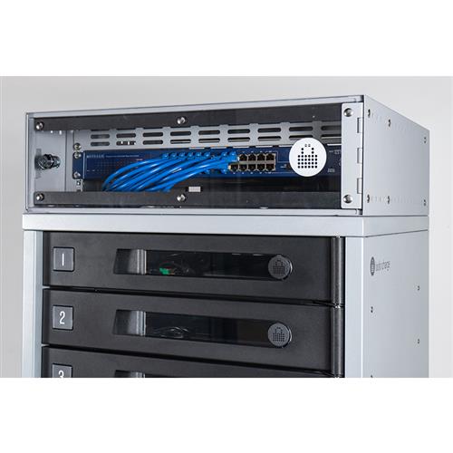 Black and grey LocknCharge LNC10224 multimedia cart accessory featuring multiple storage compartments, a transparent top panel, and visible network cables inside.
