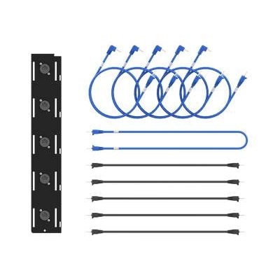 Multicolour steel mount accessory with black panel featuring three circular cutouts, accompanied by six blue cables and two black cables, designed for multimedia carts.