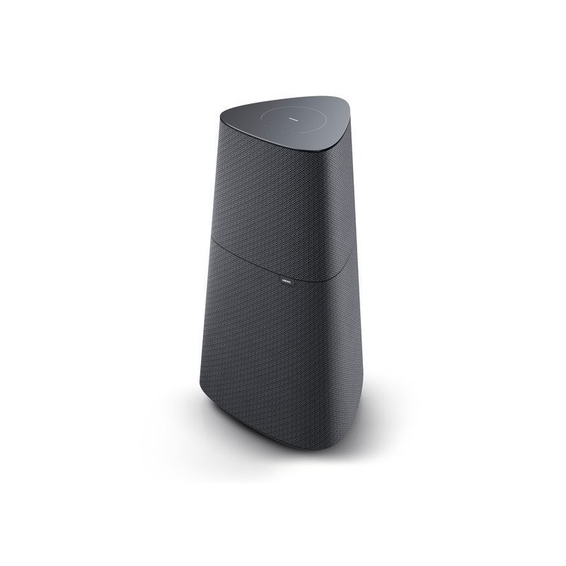 Loewe KLANGMR5 multi-room speaker in basalt grey, featuring a sleek, triangular design with a textured fabric exterior and a smooth top surface for controls.