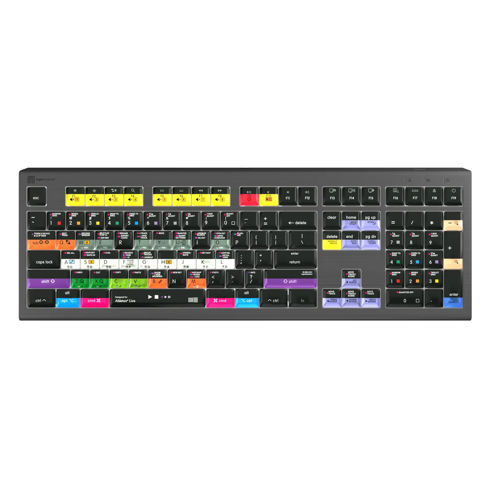 Logickeyboard Ableton Live Astra 2 features a sleek black design with colorful keycaps for shortcuts, universal USB connectivity, and a QWERTY English layout.